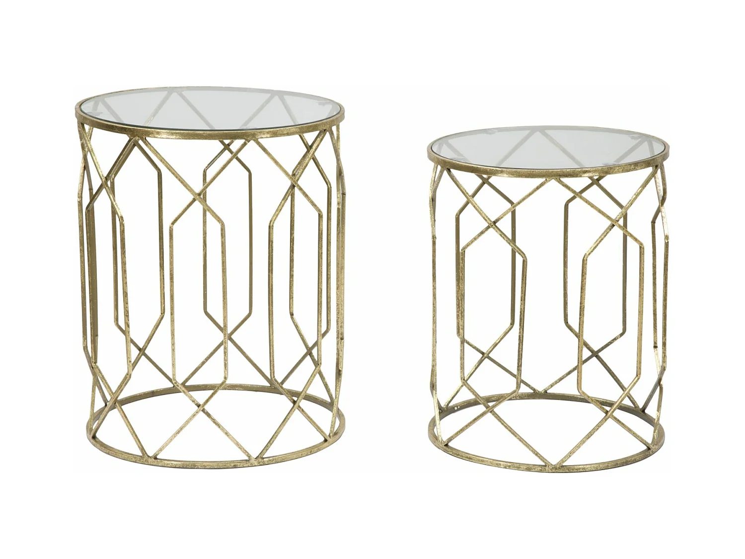 Set di 2 tavolinetti in metallo dorati con vetro Ø cm 42x53-38x47