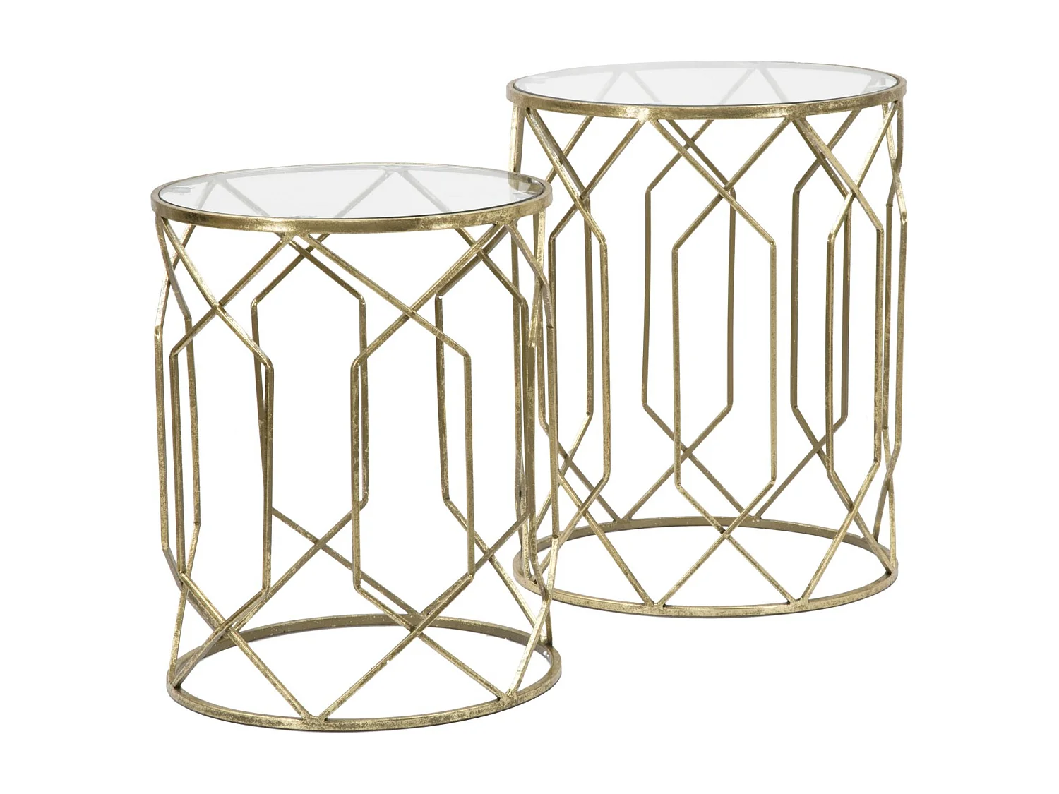 Set di 2 tavolinetti in metallo dorati con vetro Ø cm 42x53-38x47