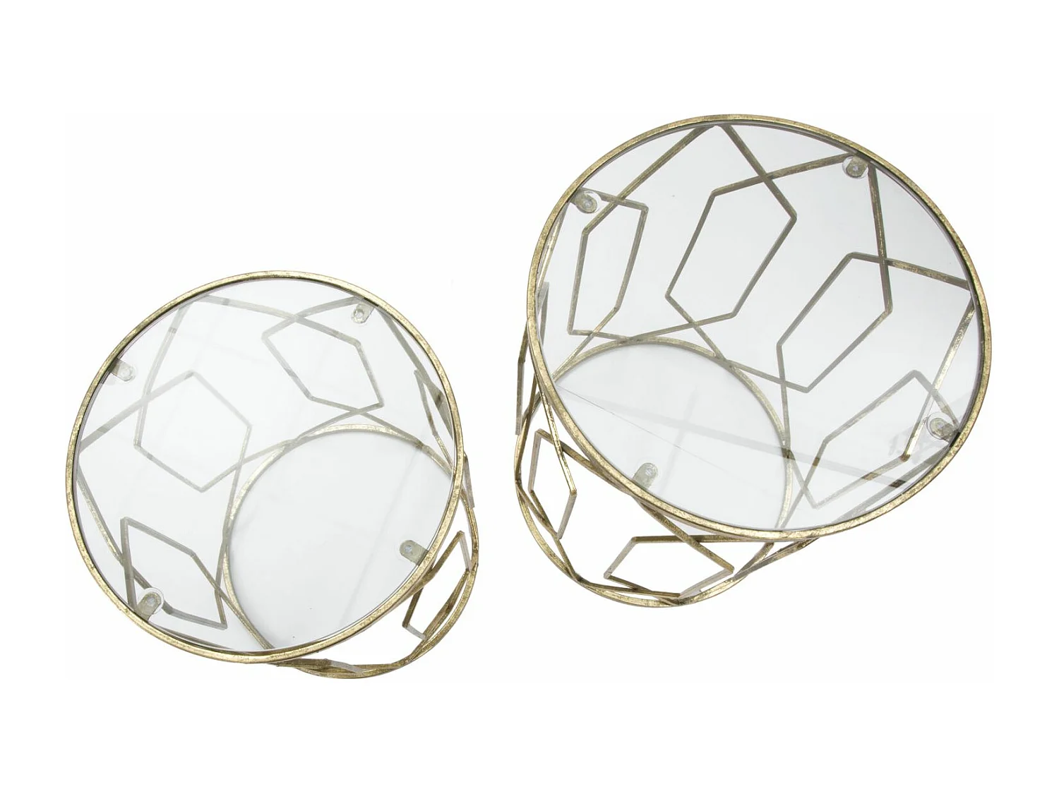 Set di 2 tavolinetti in metallo dorati con vetro Ø cm 42x53-38x47