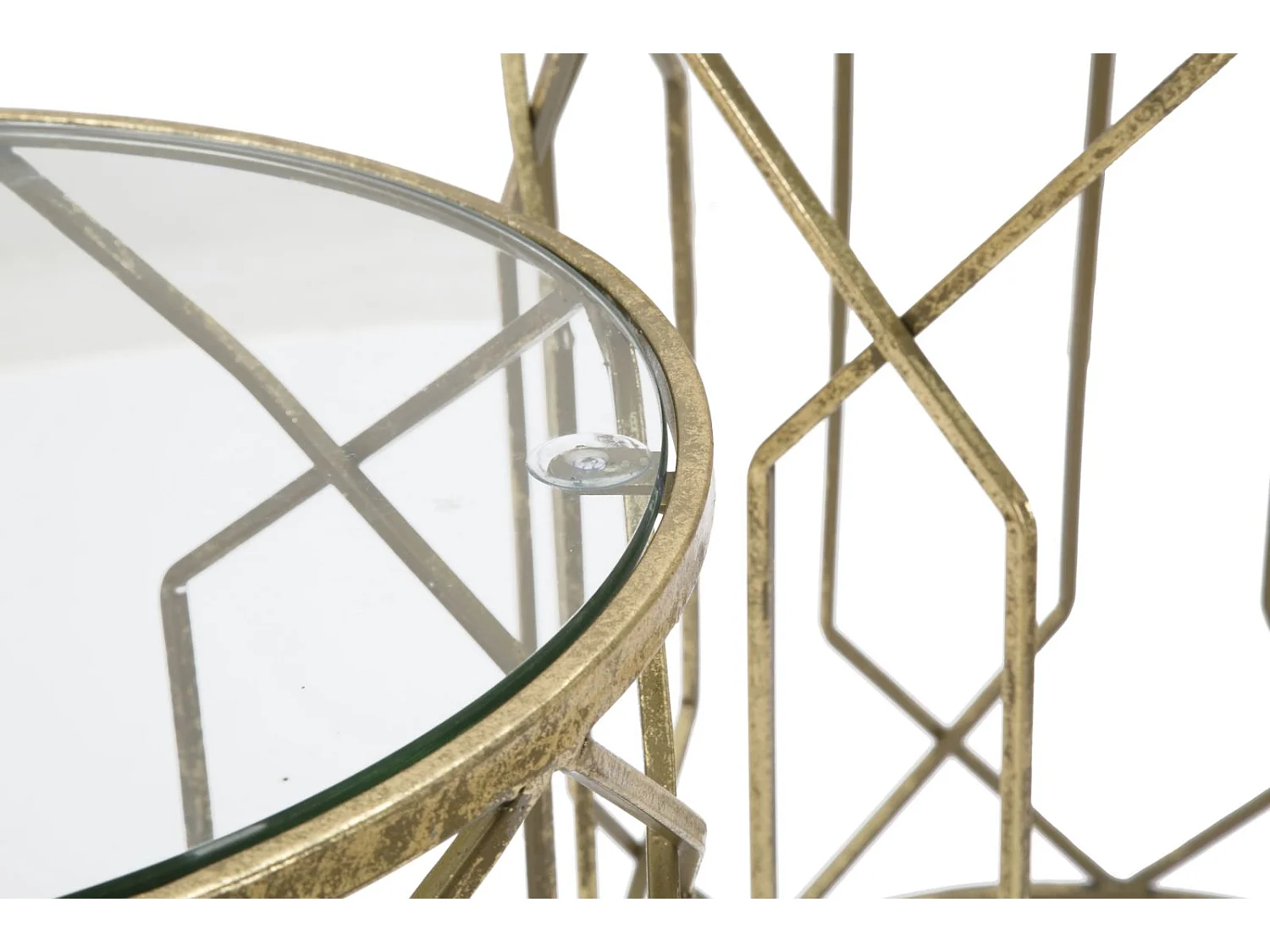 Set di 2 tavolinetti in metallo dorati con vetro Ø cm 42x53-38x47