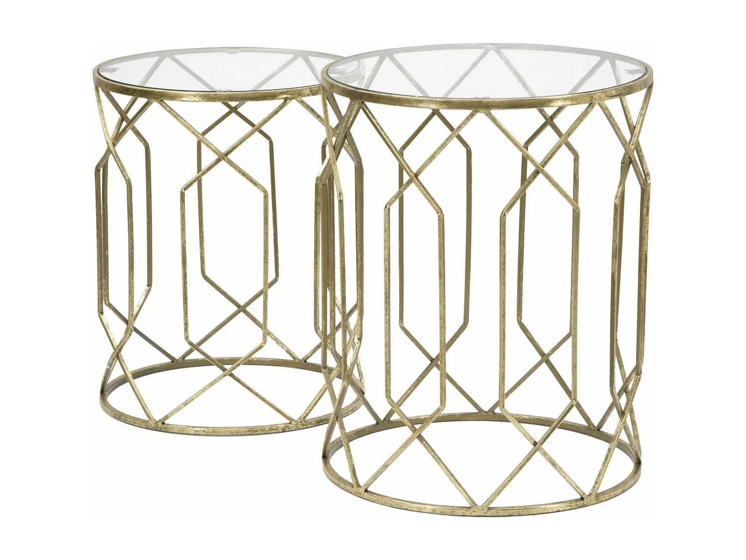 Set di 2 tavolinetti in metallo dorati con vetro Ø cm 42x53-38x47