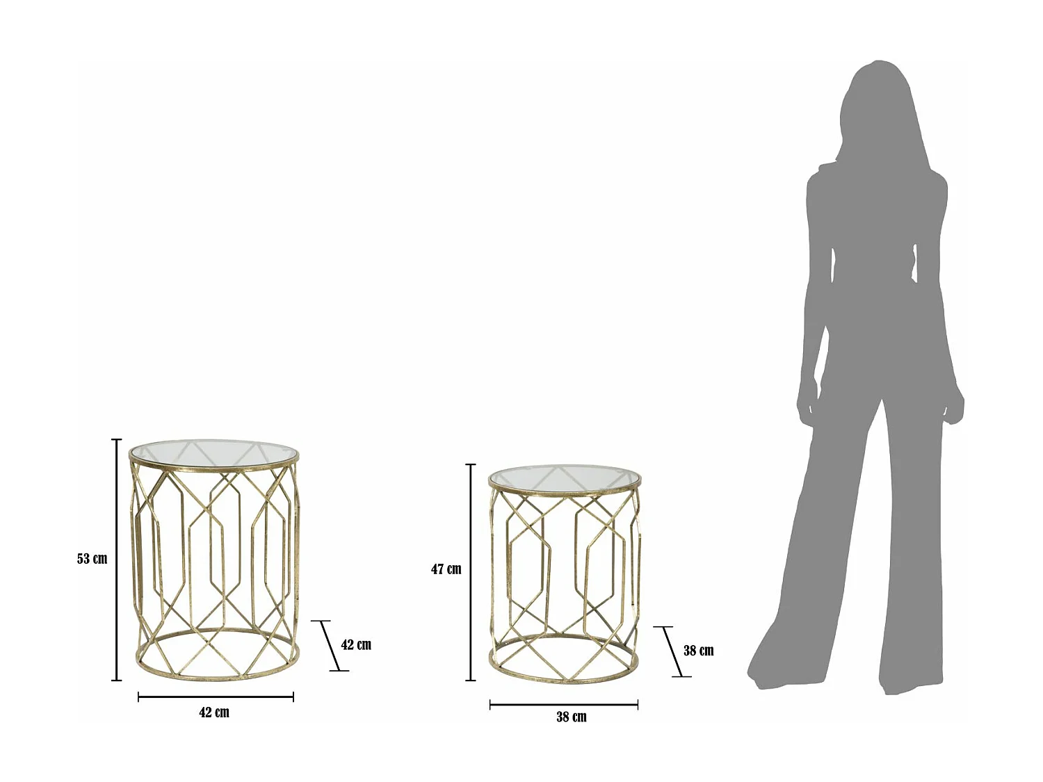 Set di 2 tavolinetti in metallo dorati con vetro Ø cm 42x53-38x47