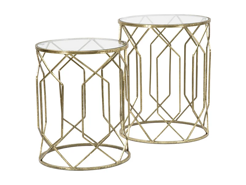 Set di 2 tavolinetti in metallo dorati con vetro Ø cm 42x53-38x47