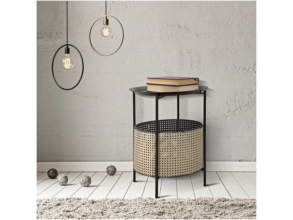 Table d'Appoint Effet Cannage "Osaka" 50cm Noir & Naturel