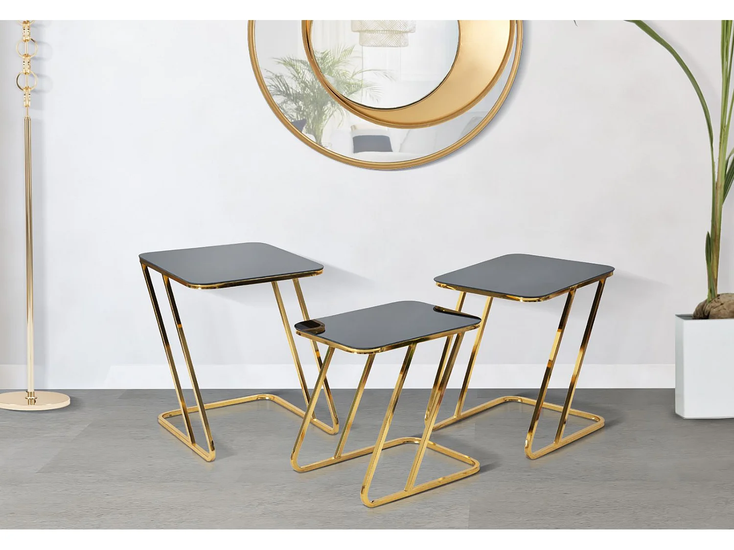 Lot de 3 Tables d'Appoint Gigognes "Simple" 55cm Noir & Or