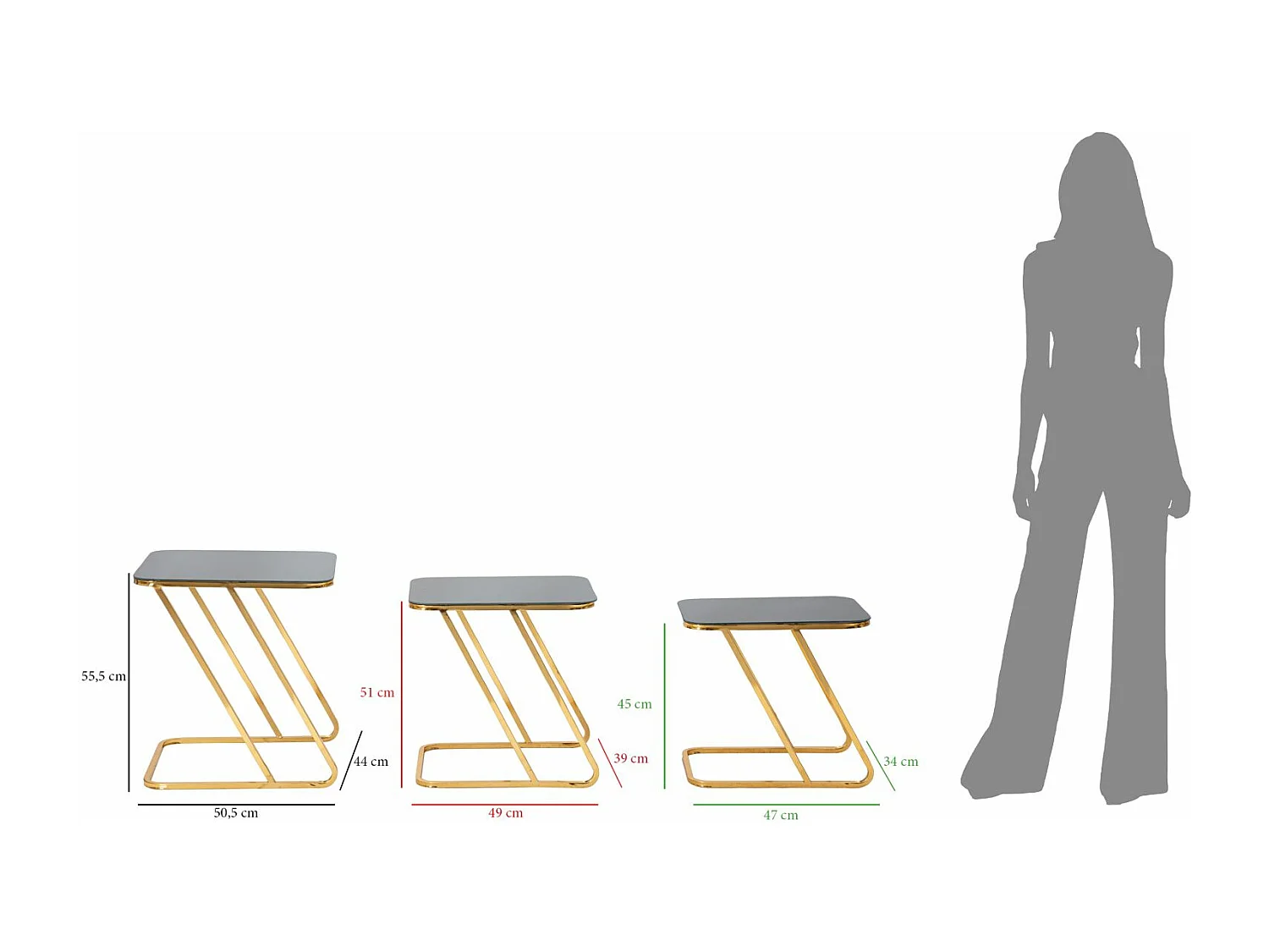 Lot de 3 Tables d'Appoint Gigognes "Simple" 55cm Noir & Or