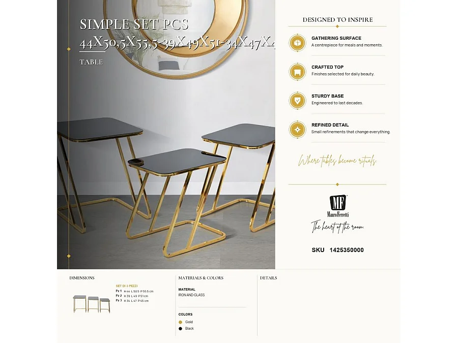 Set di 3 tavoli in metallo dorato cm 44x50,5x55,5-39x49x51-34x47x45