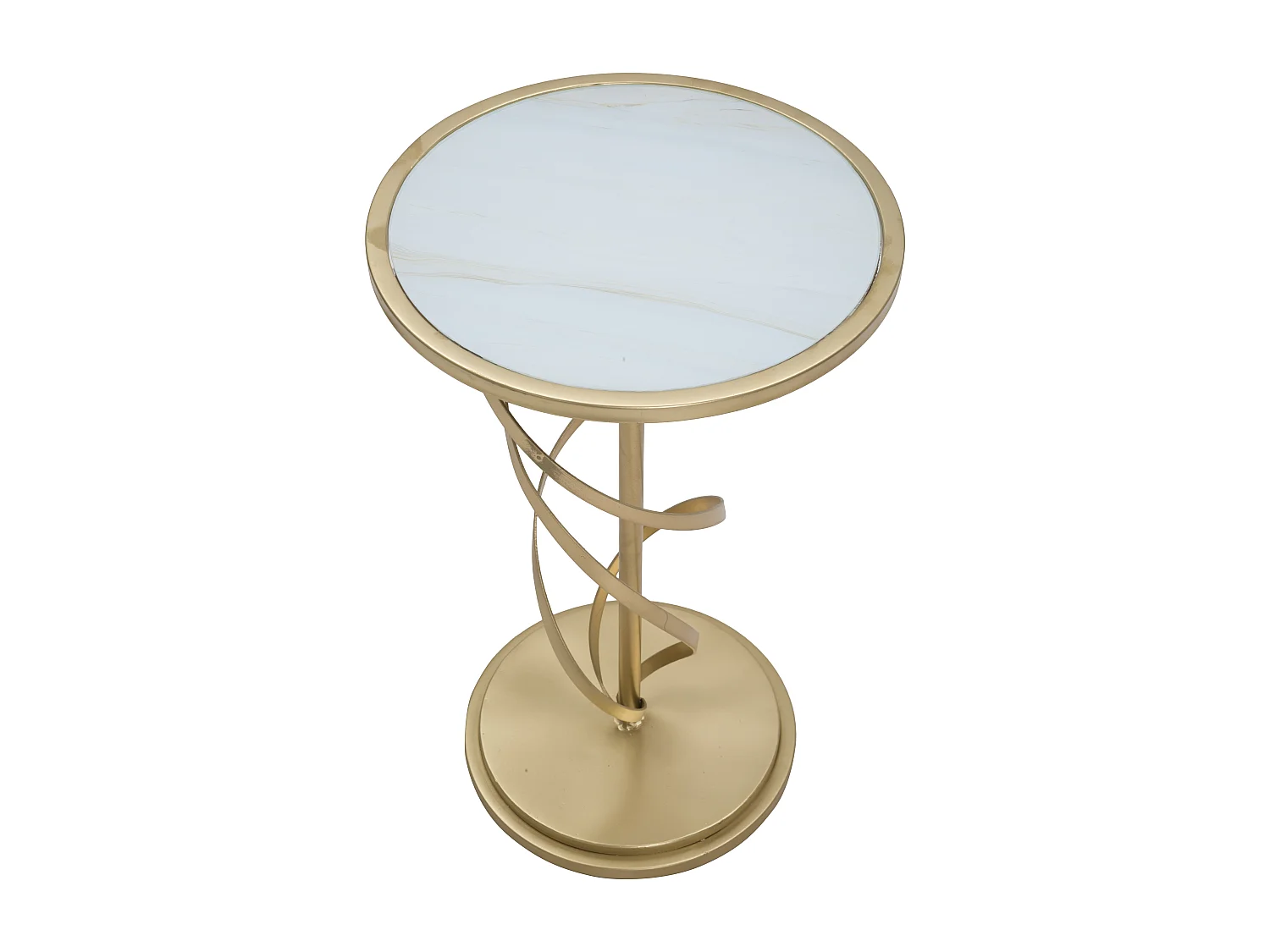 Tavolinetto in metallo dorato con piano in vetro bianco Ø cm 38x61,5