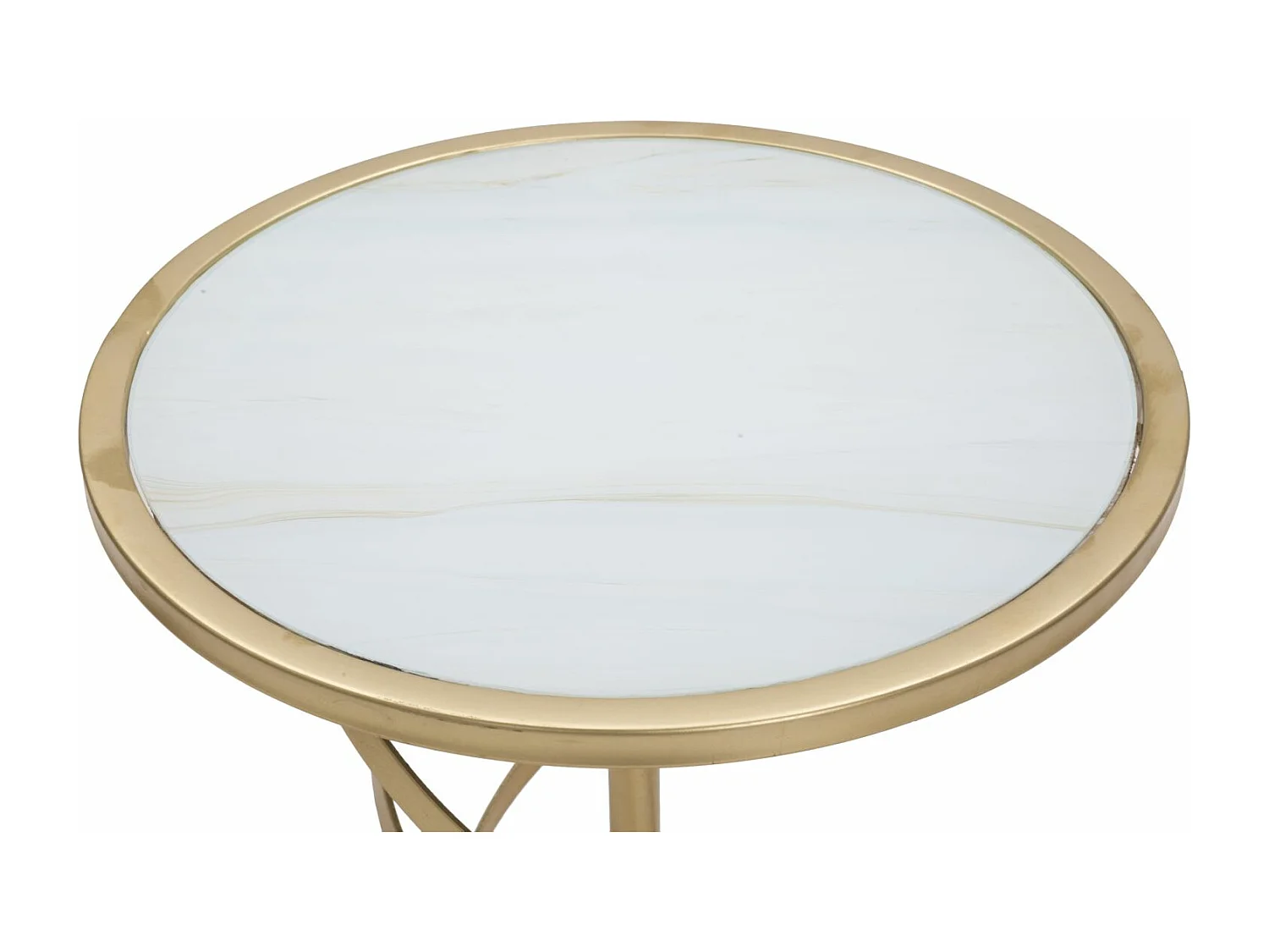 Tavolinetto in metallo dorato con piano in vetro bianco Ø cm 38x61,5