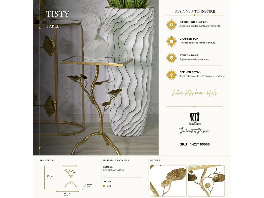 Mesa cuadrada de metal dorado con superficie de espejo Tisty