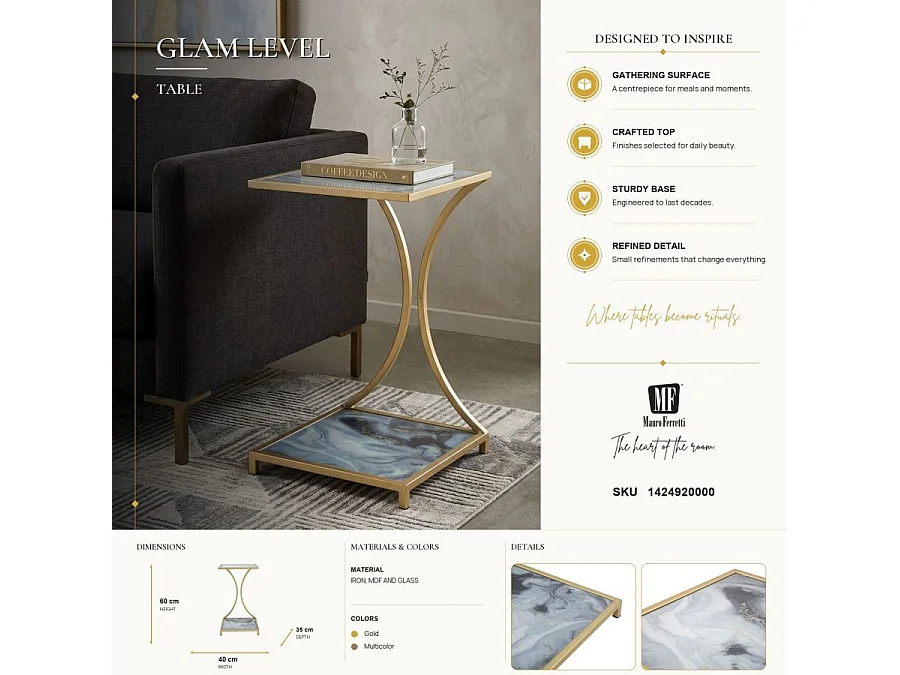 Table d'Appoint Effet Marbre "Level" 60cm Gris & Or