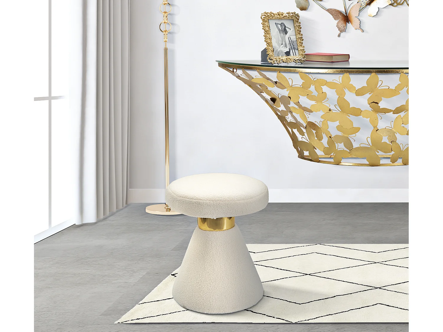 Table basse en tissu capitonné blanc et doré Ø 42x51 cm