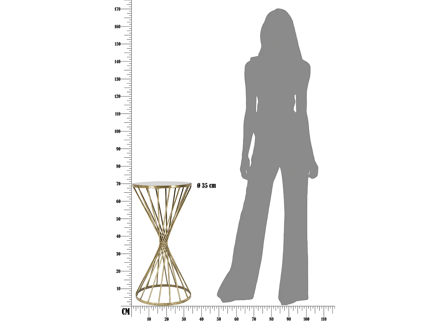 Tavolinetto in metallo dorato con piano a specchio Ø cm 35x70