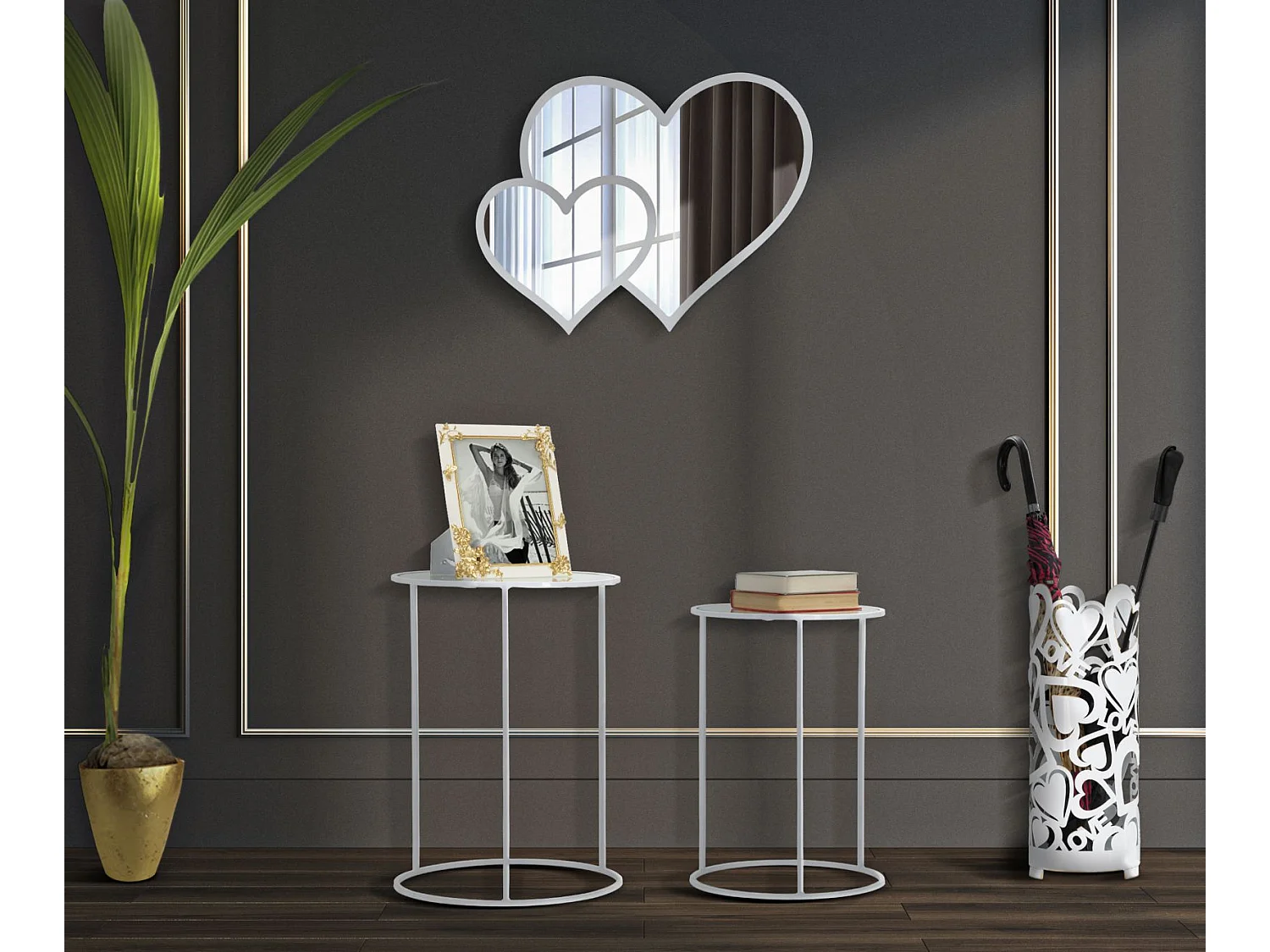 Set di 2 tavolinetti in metallo bianco con farfalle Ø cm 43x60-38x55