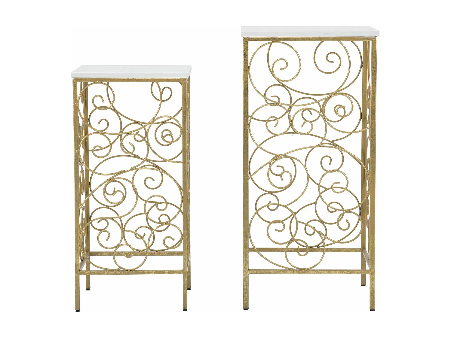 Set di 2 tavolinetti in metallo dorato con marmo cm 34x34x70-29x29x60