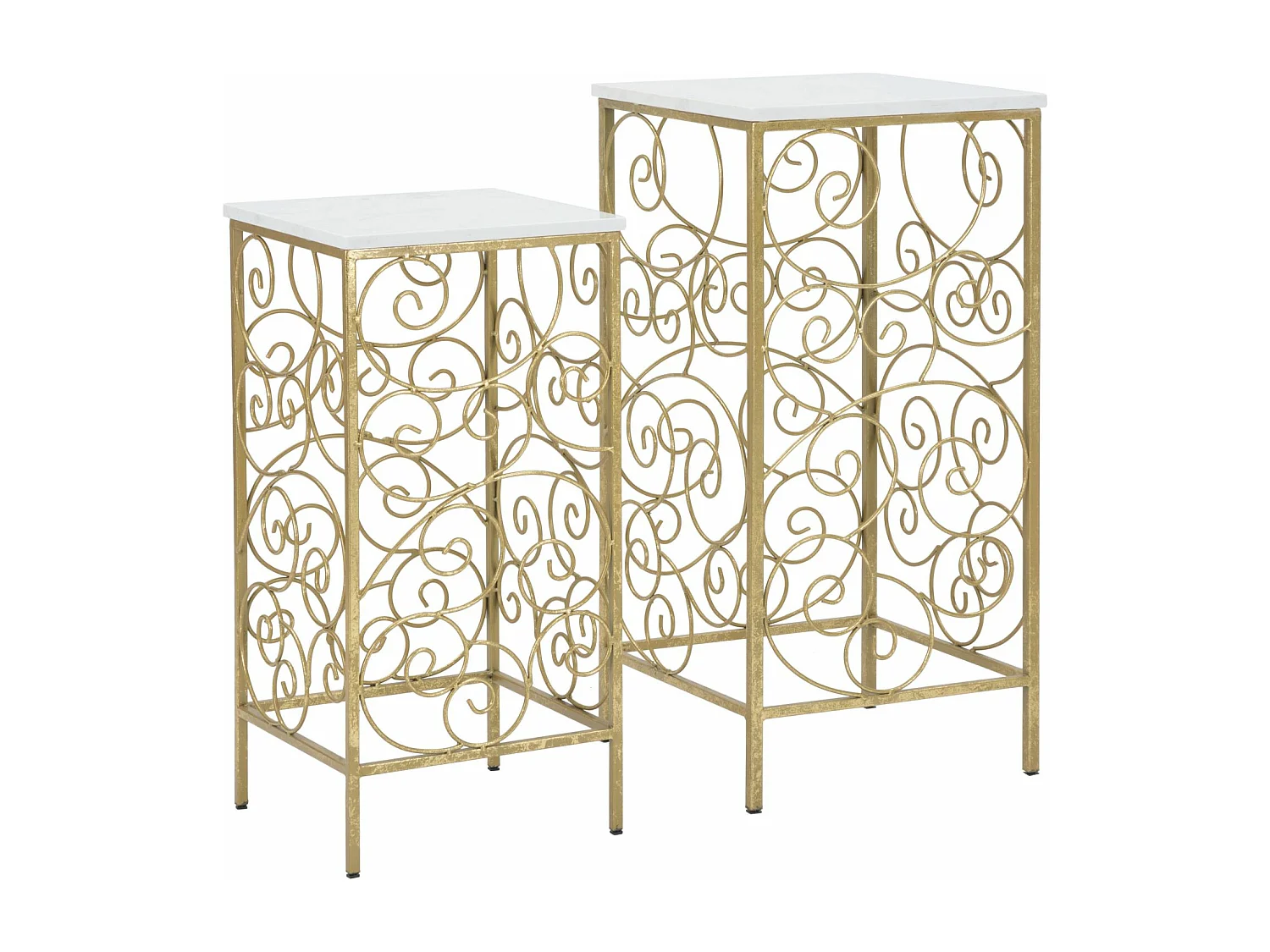 Set di 2 tavolinetti in metallo dorato con marmo cm 34x34x70-29x29x60