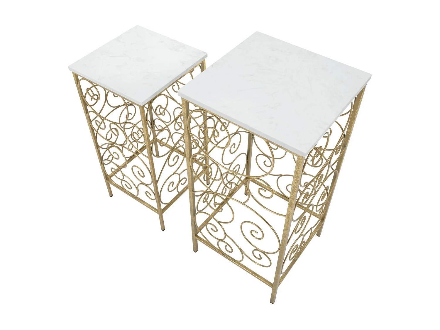 Set di 2 tavolinetti in metallo dorato con marmo cm 34x34x70-29x29x60
