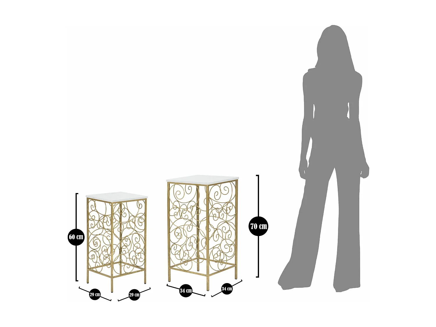 Set di 2 tavolinetti in metallo dorato con marmo cm 34x34x70-29x29x60