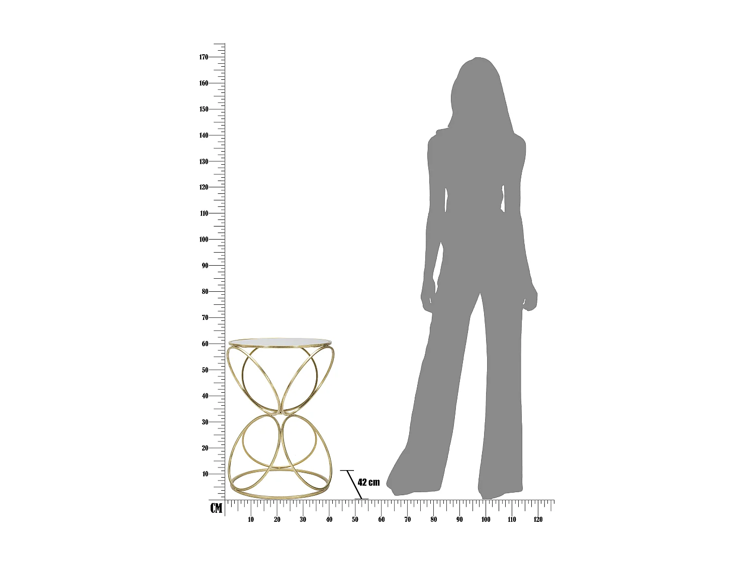 Tavolinetto rotondo in metallo dorato con piano a specchio Ø cm 42x61