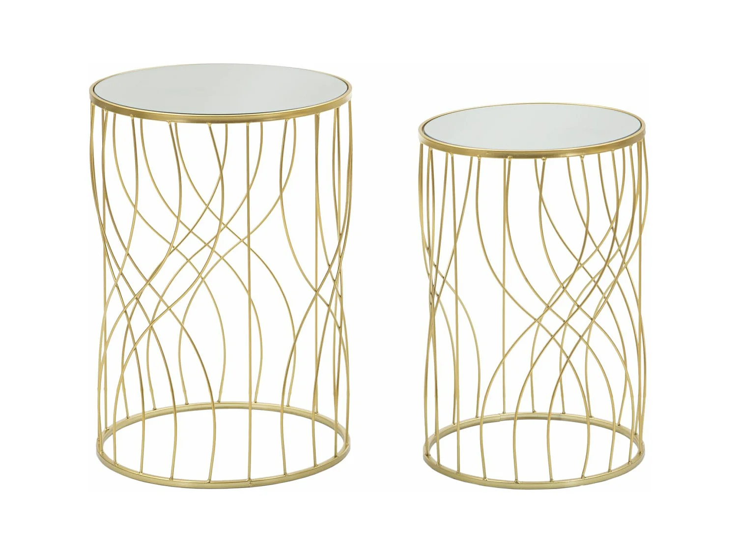 Lot de 2 petites tables en métal doré et miroir Ø 38x55-33x50 cm