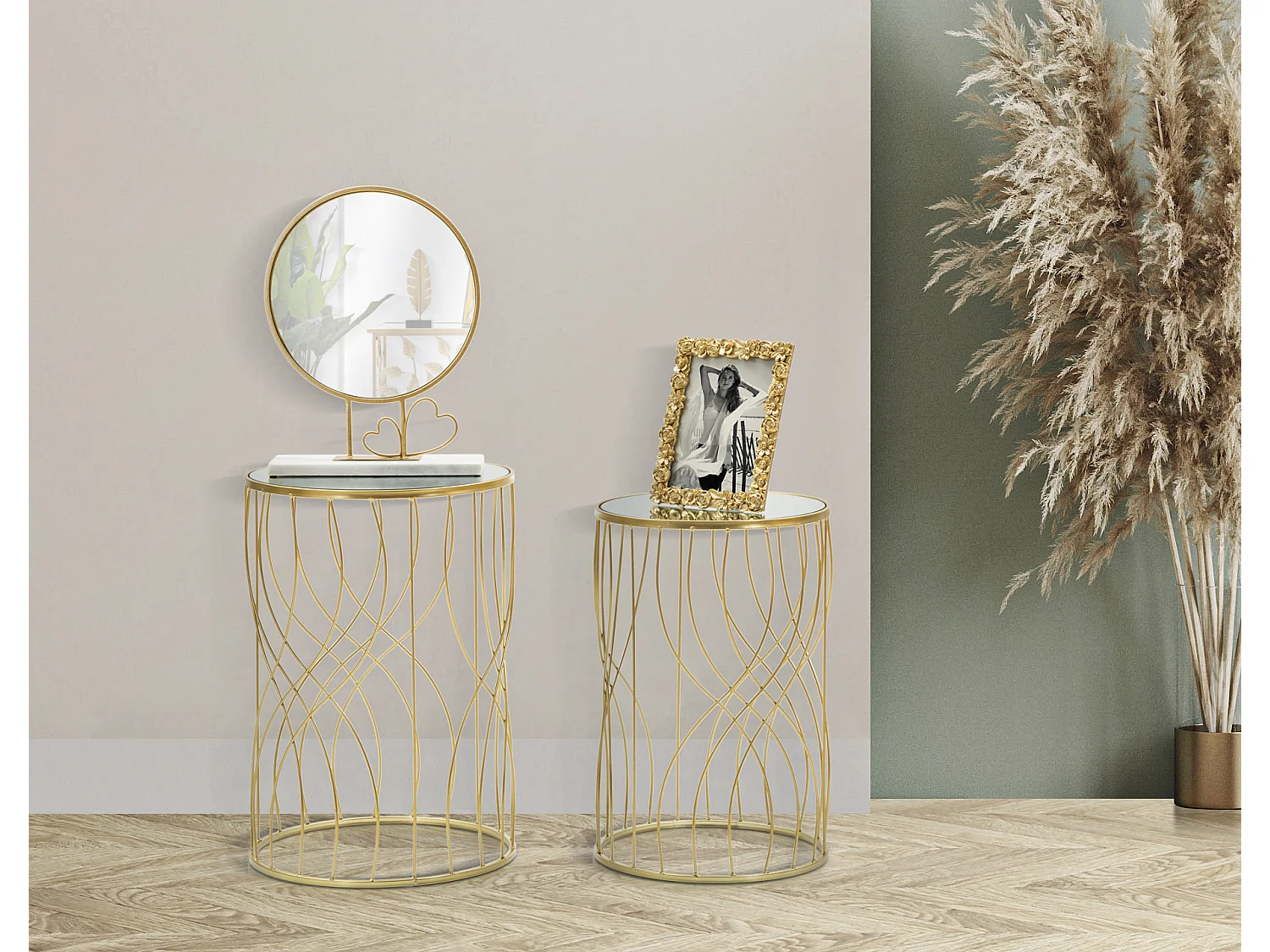 Lot de 2 Tables d'Appoint "Lignes" 55cm Or