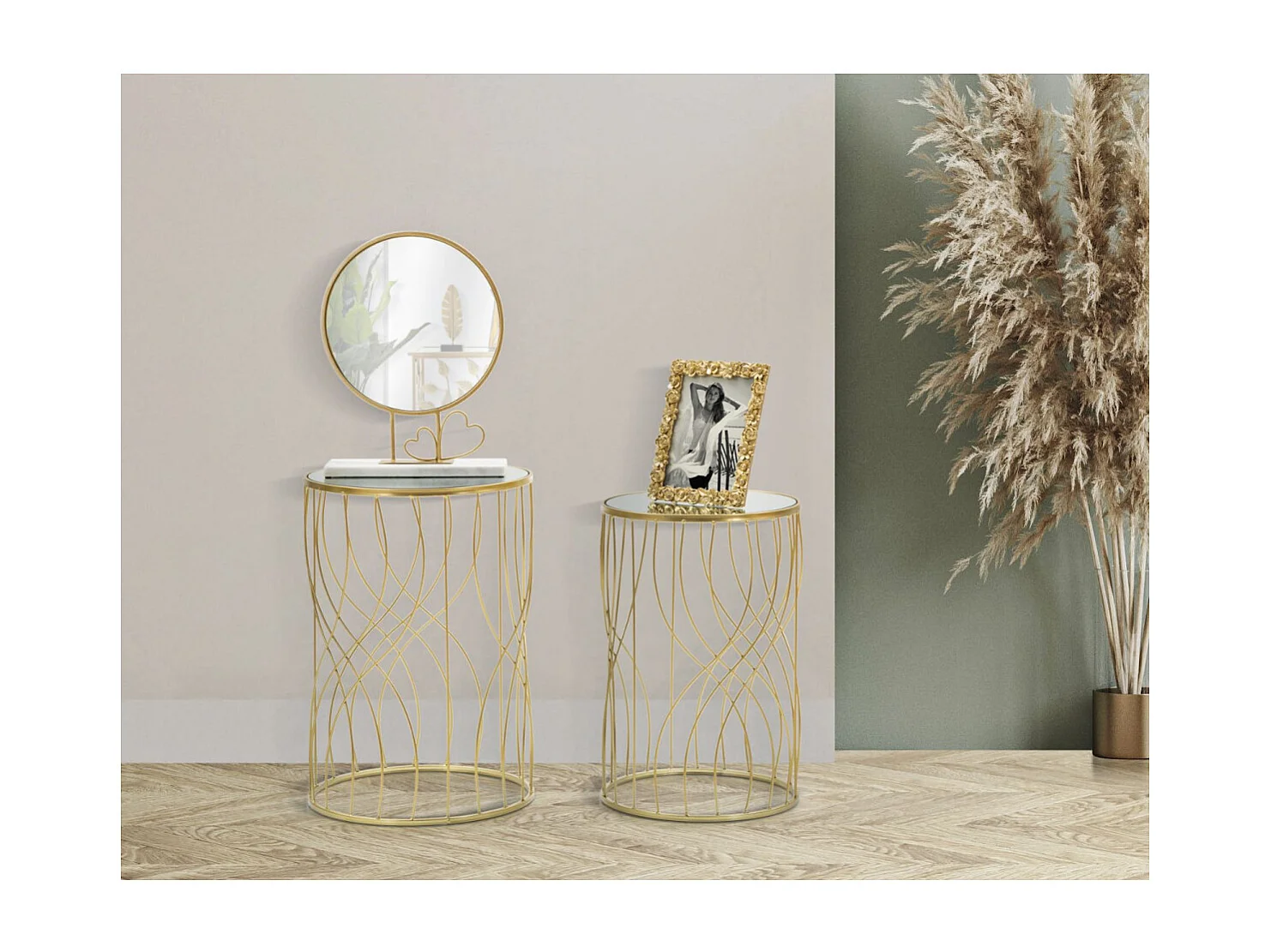 Lot de 2 Tables d'Appoint "Lignes" 55cm Or