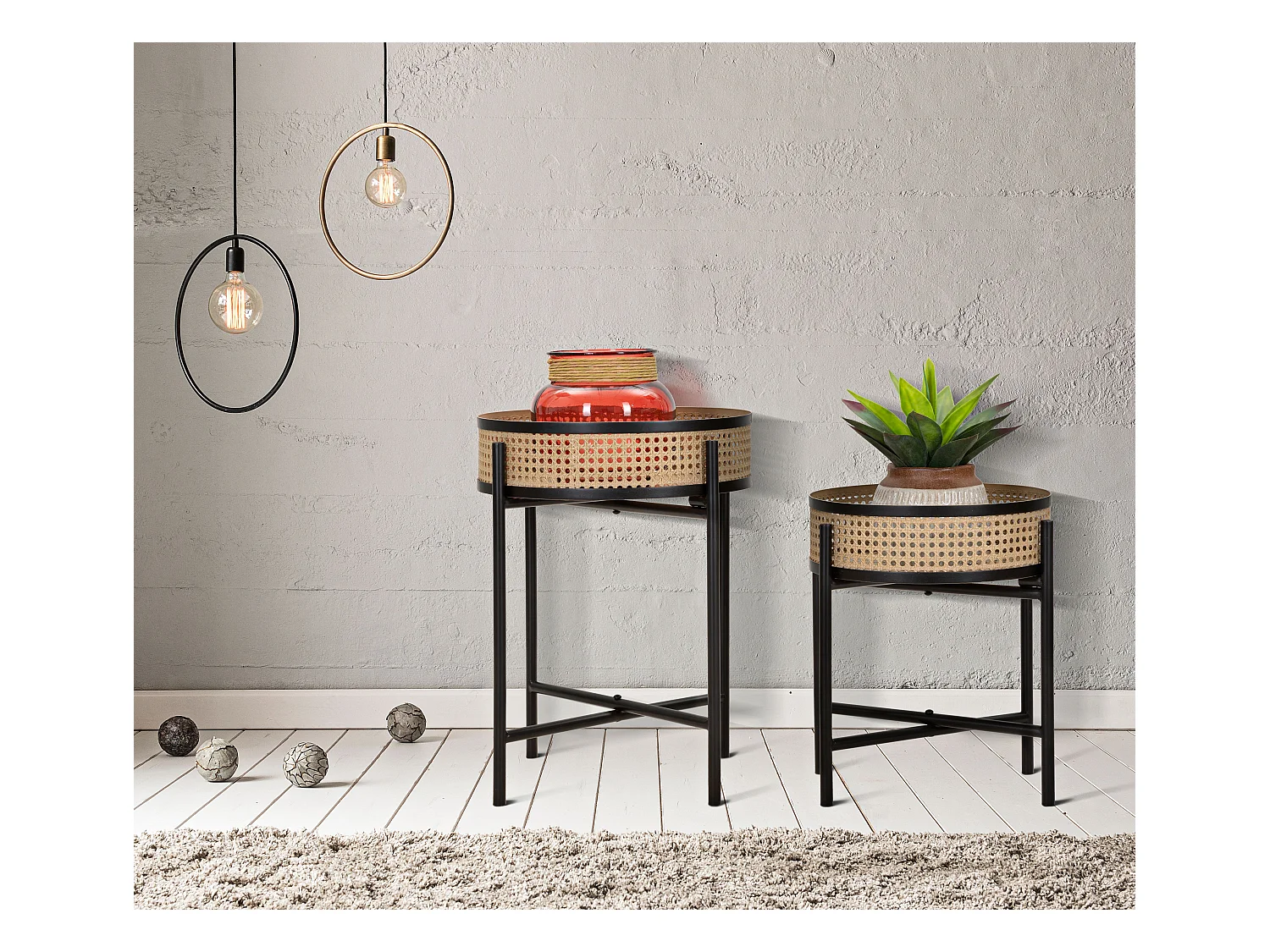 Lot de 2 Tables d'Appoint "Fuji" 50cm Noir & Naturel