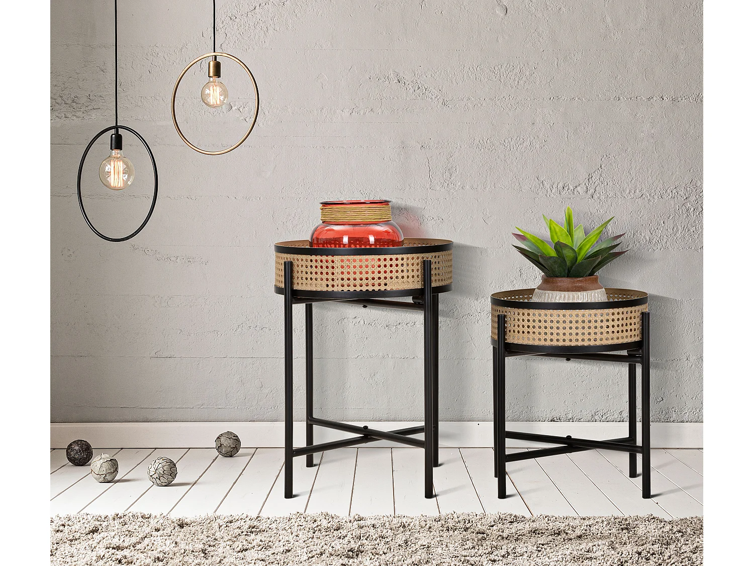 Lot de 2 Tables d'Appoint "Fuji" 50cm Noir & Naturel
