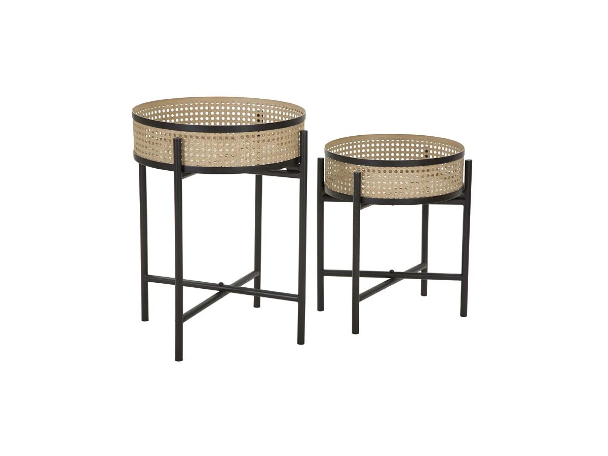 Sæt med 2 Fuji sofaborde, Ø 40x50 og 35x40 cm, lavet af sort metal – aftagelige planteholdere i boho-chic stil og wienerstrå