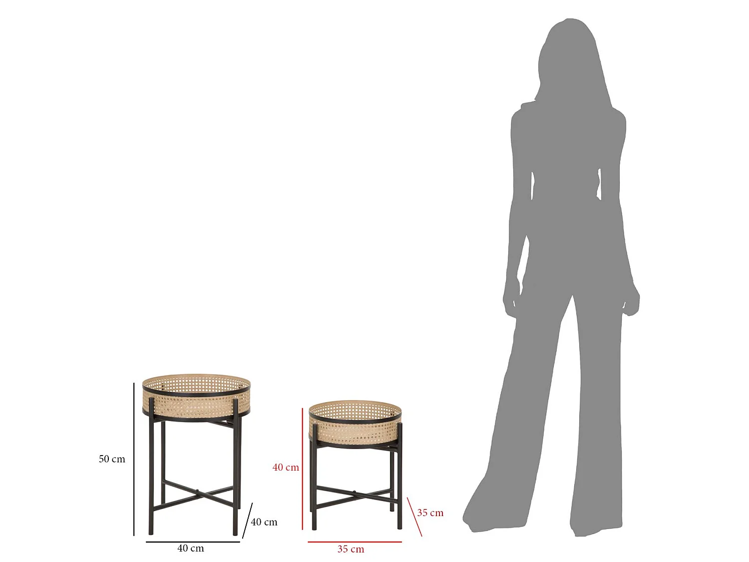 Sæt med 2 Fuji sofaborde, Ø 40x50 og 35x40 cm, lavet af sort metal – aftagelige planteholdere i boho-chic stil og wienerstrå