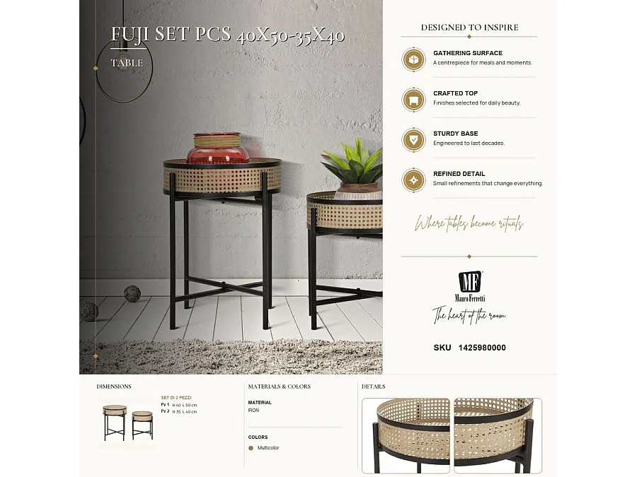 Sæt med 2 Fuji sofaborde, Ø 40x50 og 35x40 cm, lavet af sort metal – aftagelige planteholdere i boho-chic stil og wienerstrå