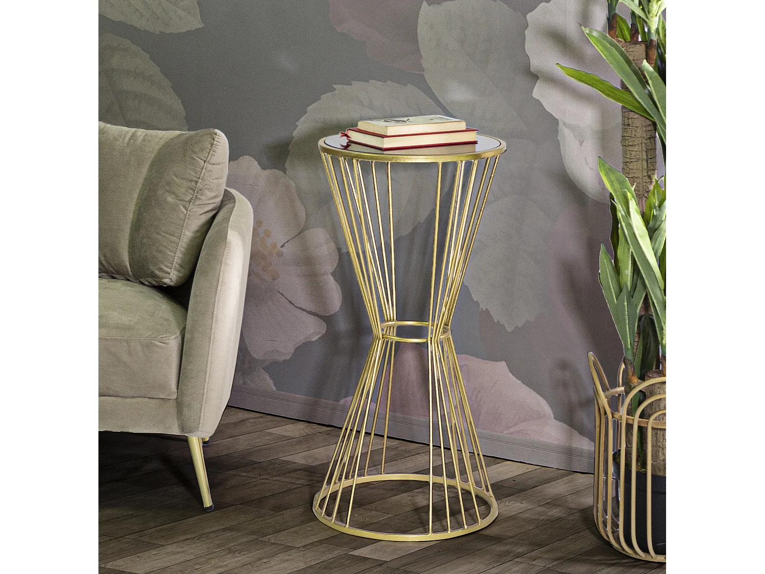 Tavolo rotondo in metallo dorato con piano specchio Ø cm 50x100