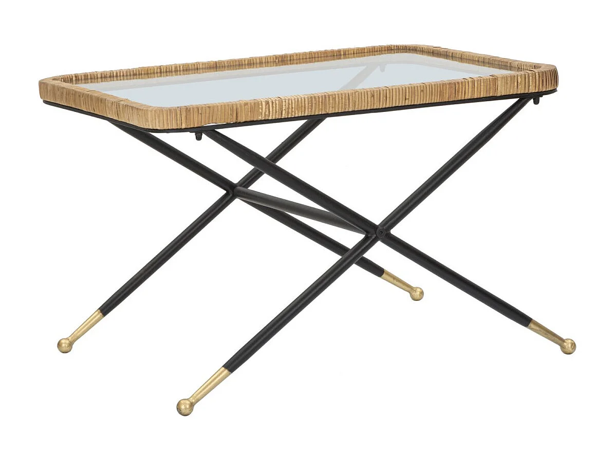 Salontafel in ijzer, hout, zwart en bruin glas, 70x50x45 cm