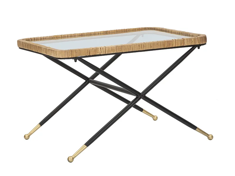 Salontafel in ijzer, hout, zwart en bruin glas, 70x50x45 cm