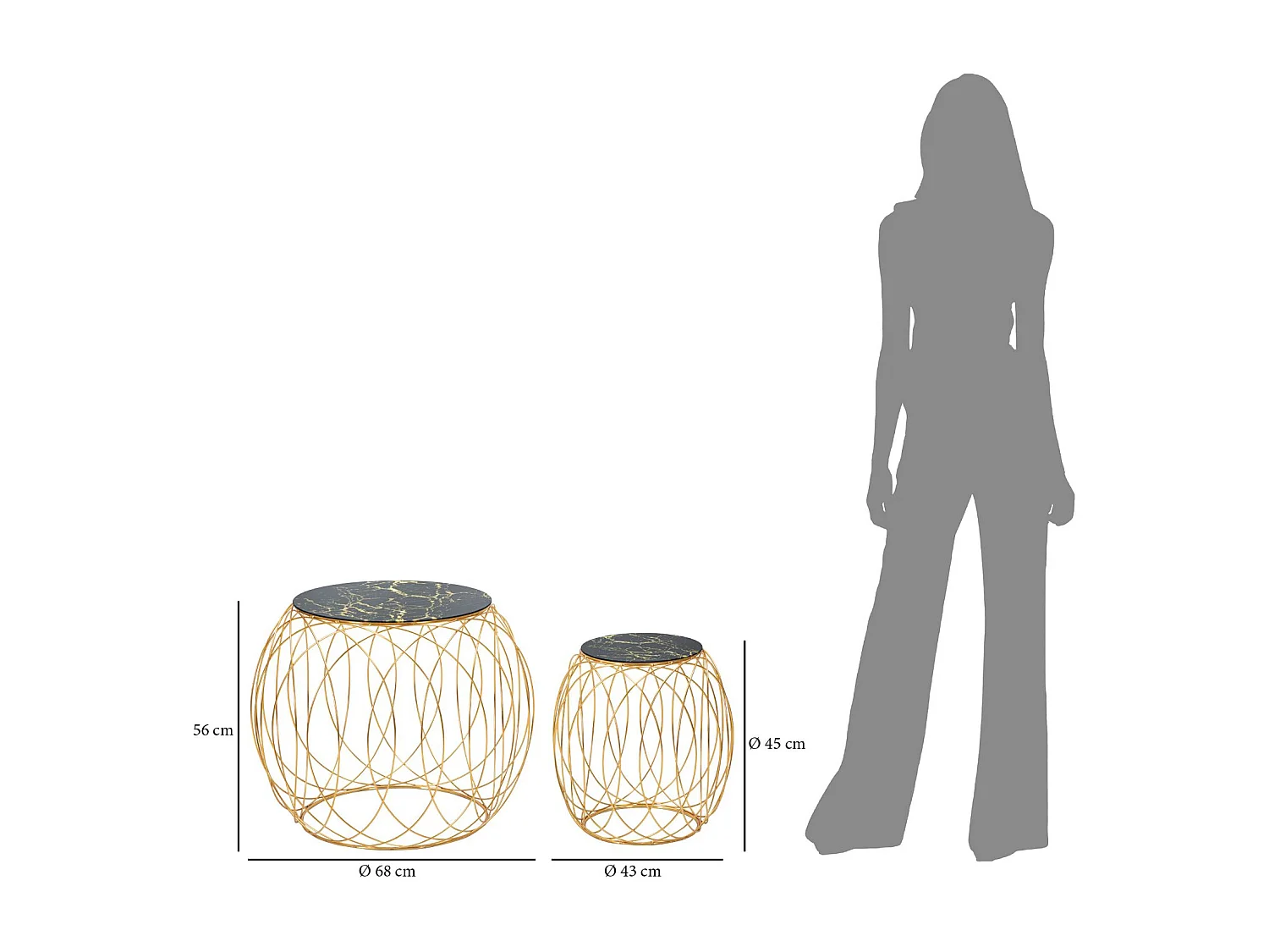 Lot de 2 tables rondes en métal doré Ø 68x56-43x45 cm