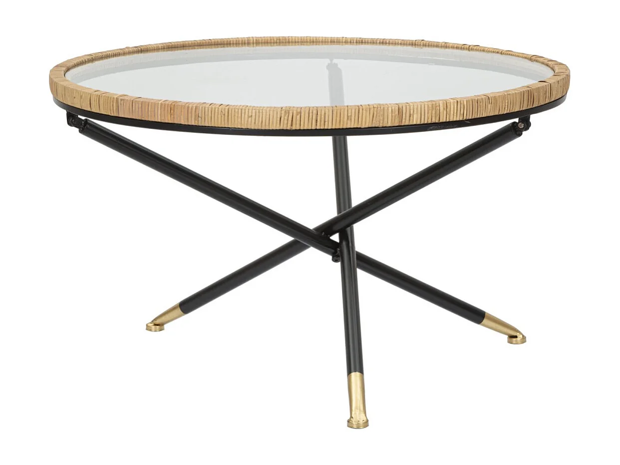 Salontafel in ijzer, hout en zwart en bruin glas Ø cm 80x46,5