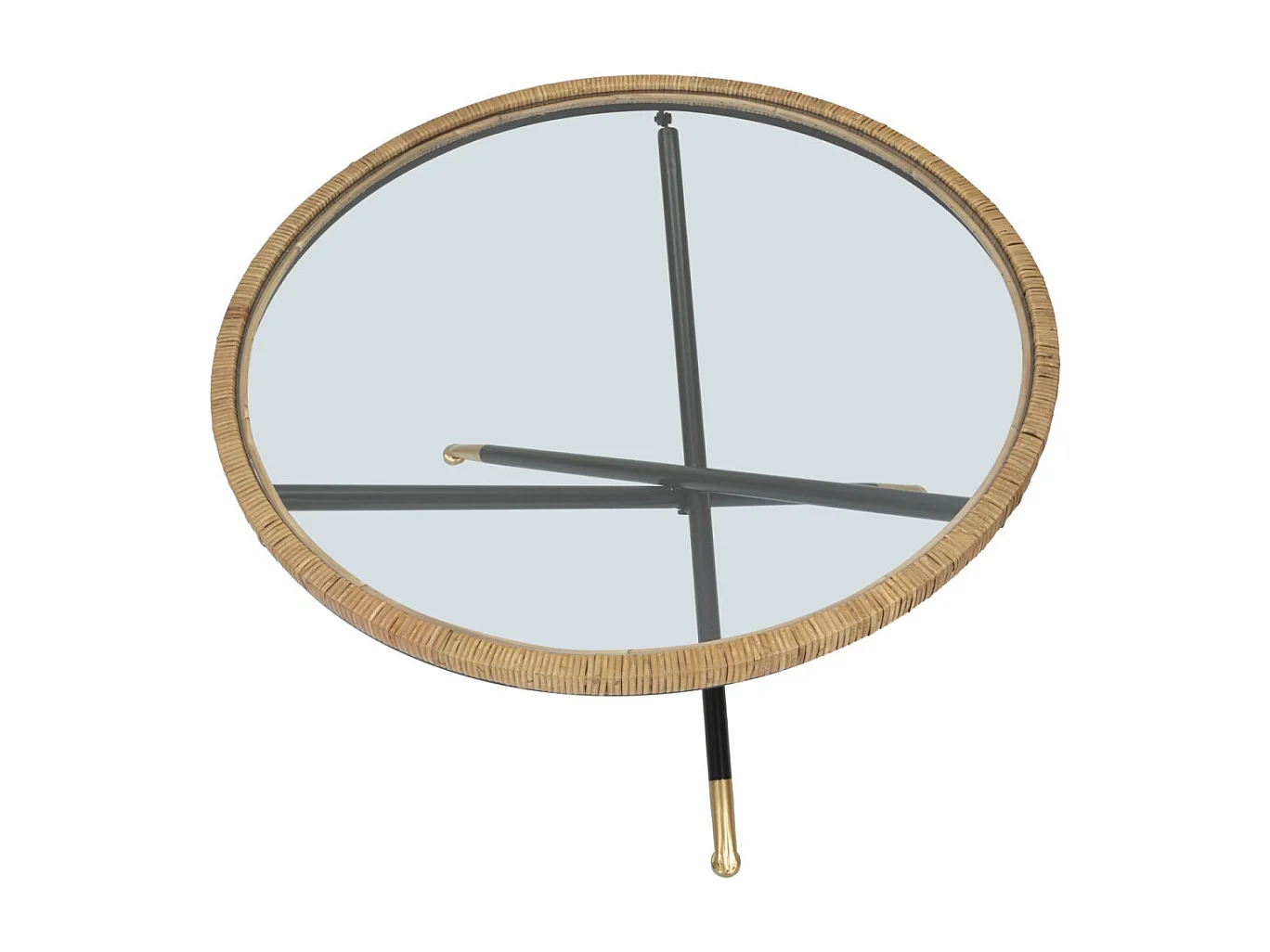 Salontafel in ijzer, hout en zwart en bruin glas Ø cm 80x46,5