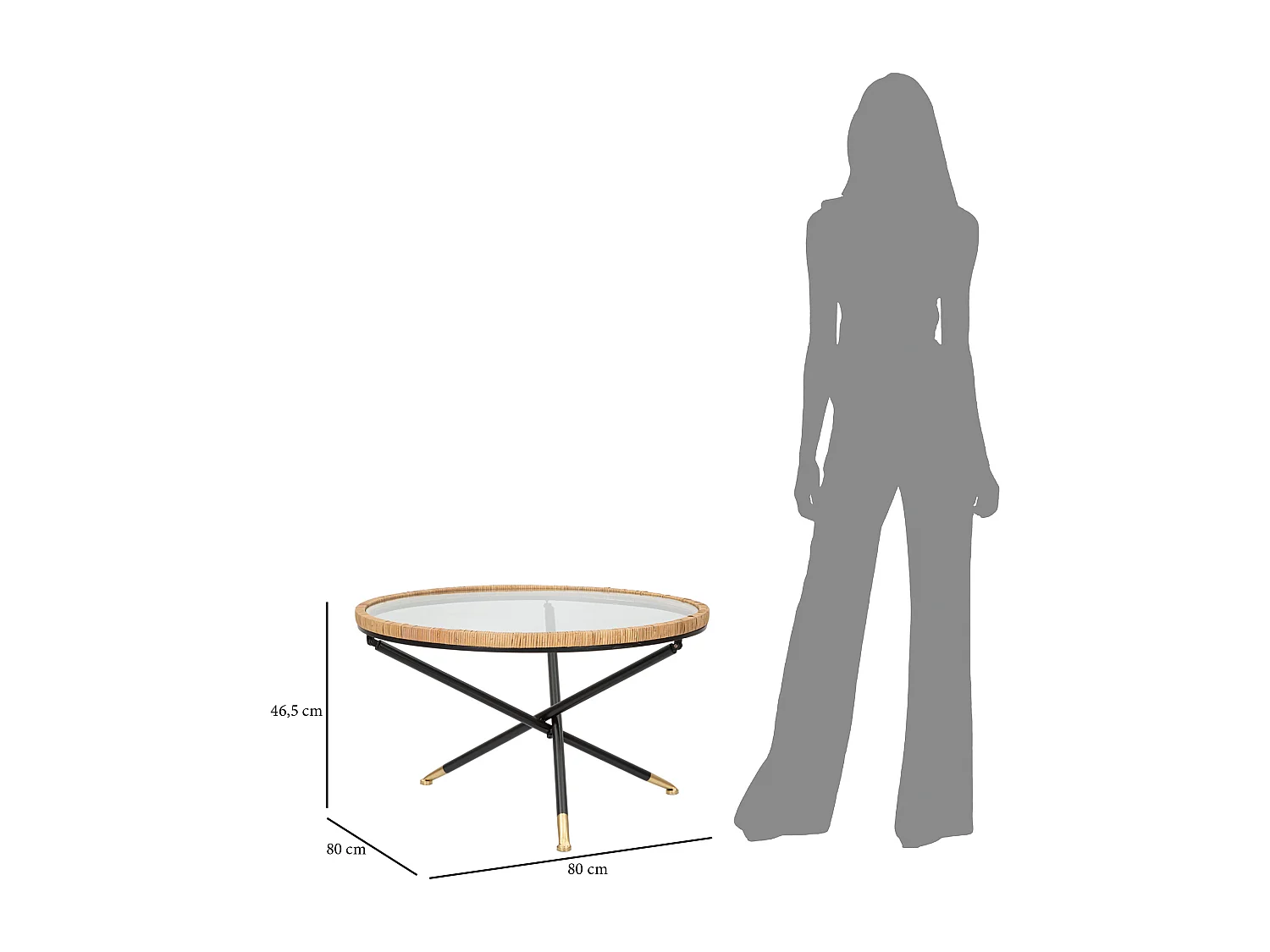 Salontafel in ijzer, hout en zwart en bruin glas Ø cm 80x46,5