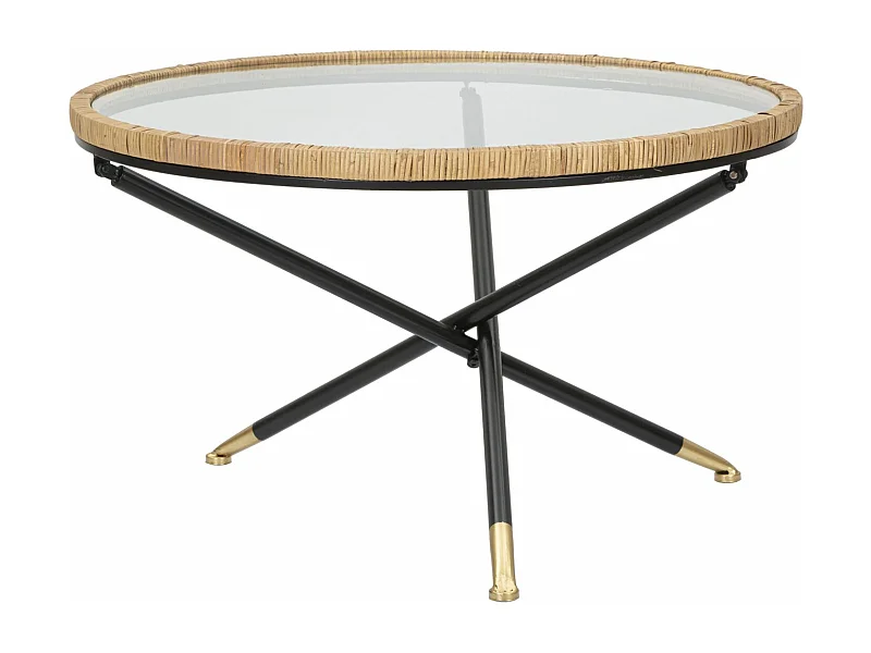 Salontafel in ijzer, hout en zwart en bruin glas Ø cm 80x46,5