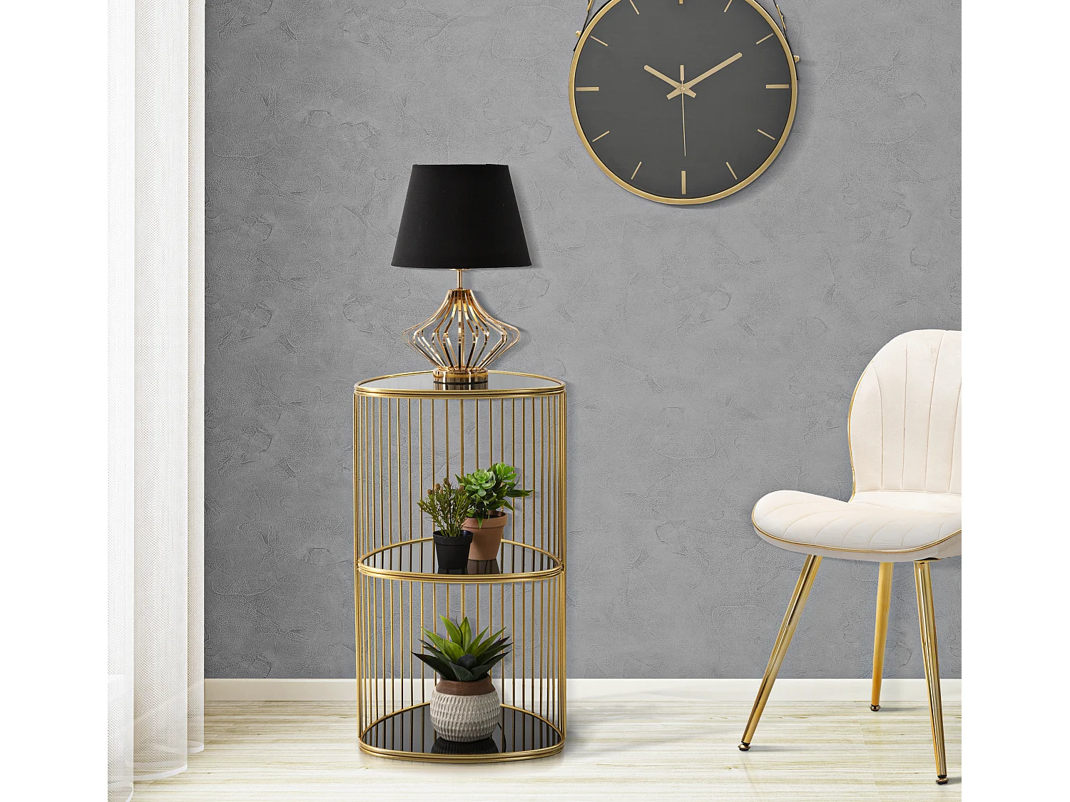 Table basse avec 2 étagères en métal et verre doré Ø cm 45x80