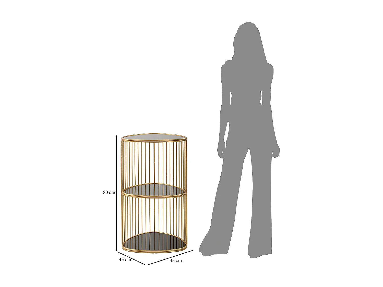 Table basse avec 2 étagères en métal et verre doré Ø cm 45x80