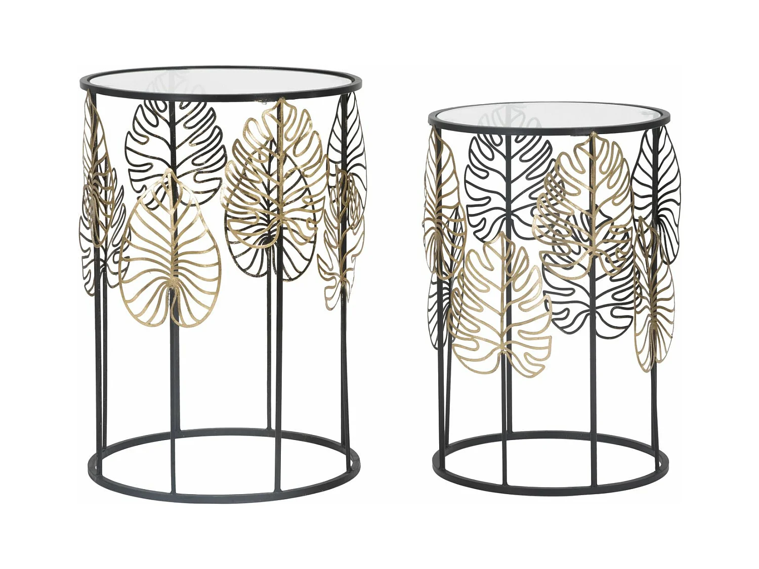 Lot de 2 tables basses rondes en métal noir et verre - Ø 38x55 cm et 33x50 cm - Décoration feuilles dorées, design élégant et naturel.