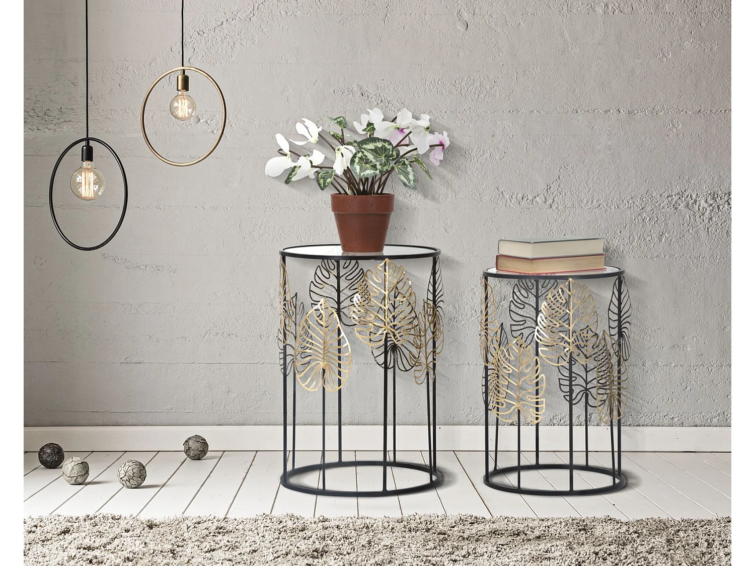 Lot de 2 Tables d'Appoint "Coppia" 55cm Noir & Or