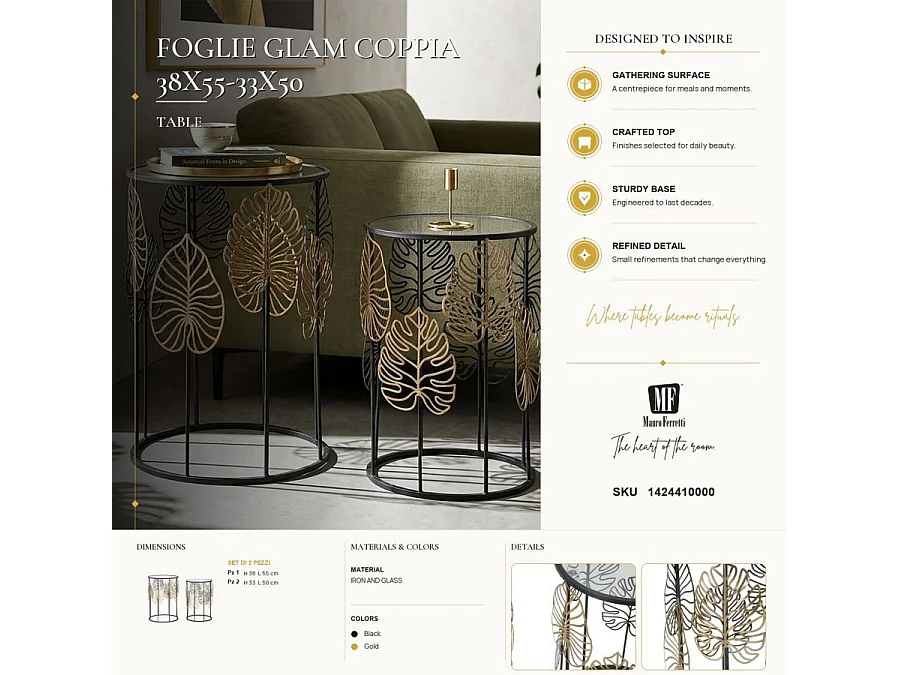 Lot de 2 Tables d'Appoint "Coppia" 55cm Noir & Or