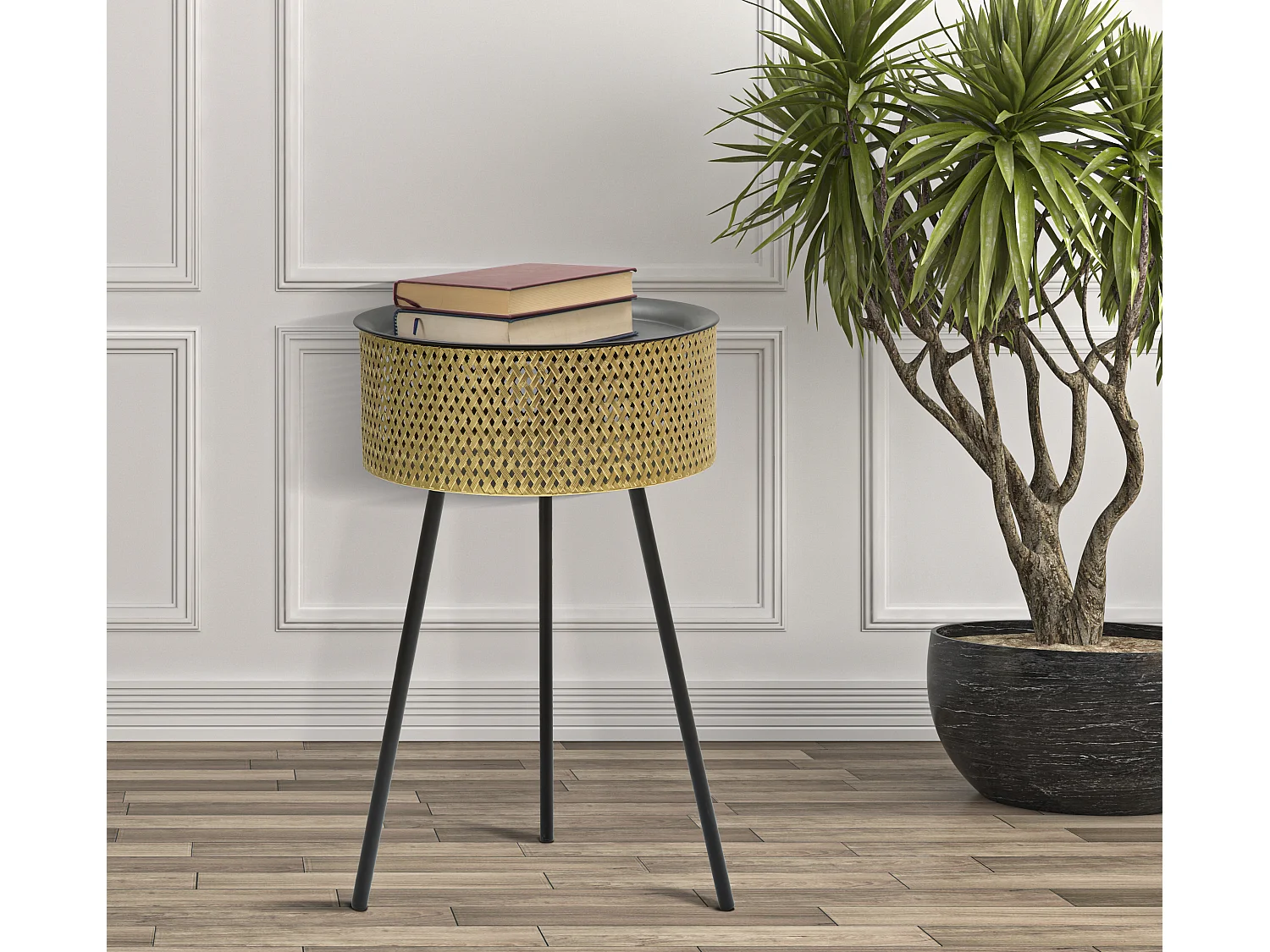 Tavolinetto in metallo dorato e nero Ø cm 40x65