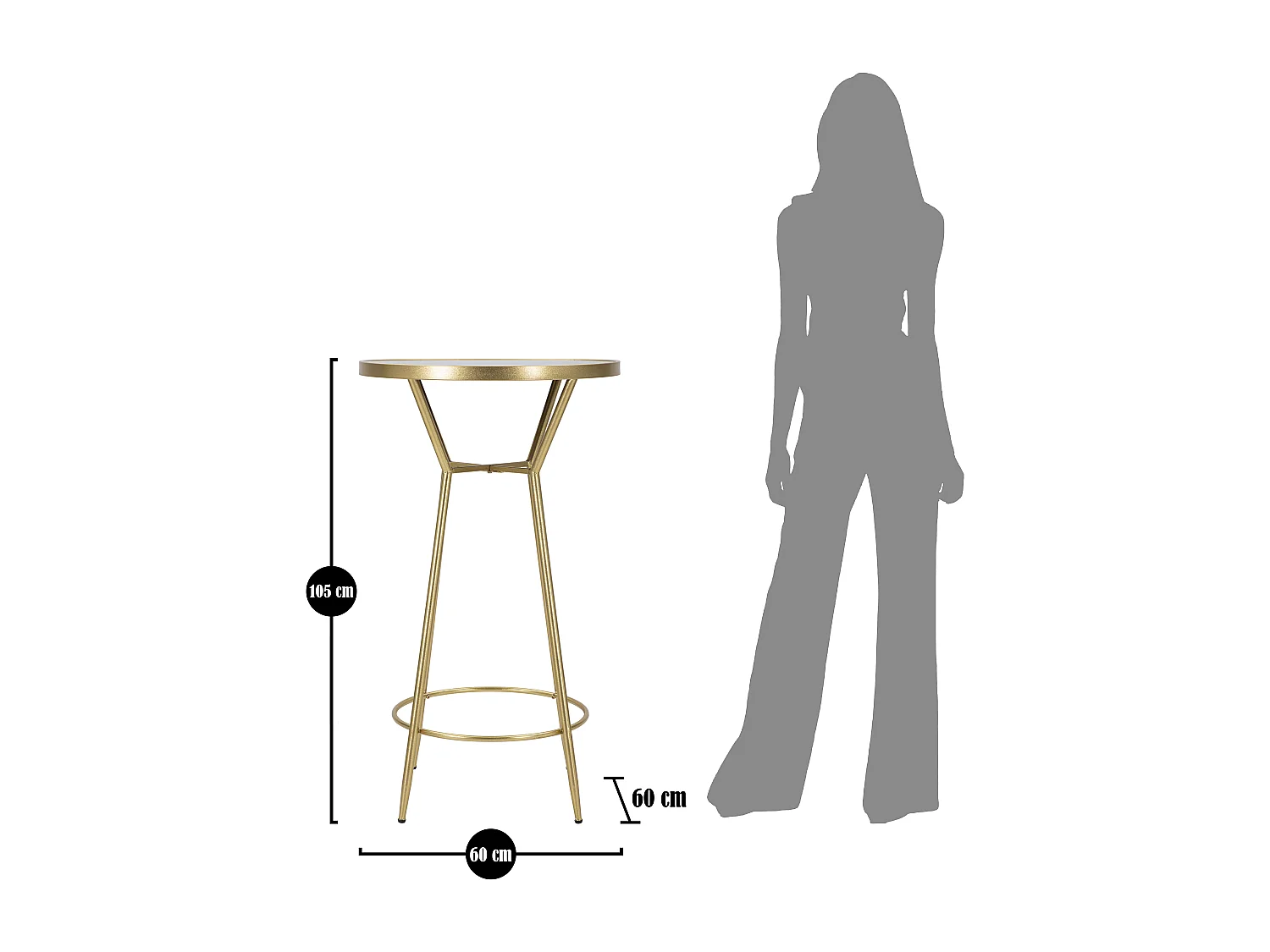 Tavolo bar in metallo dorato con piano in vetro a specchio Ø cm 60x105