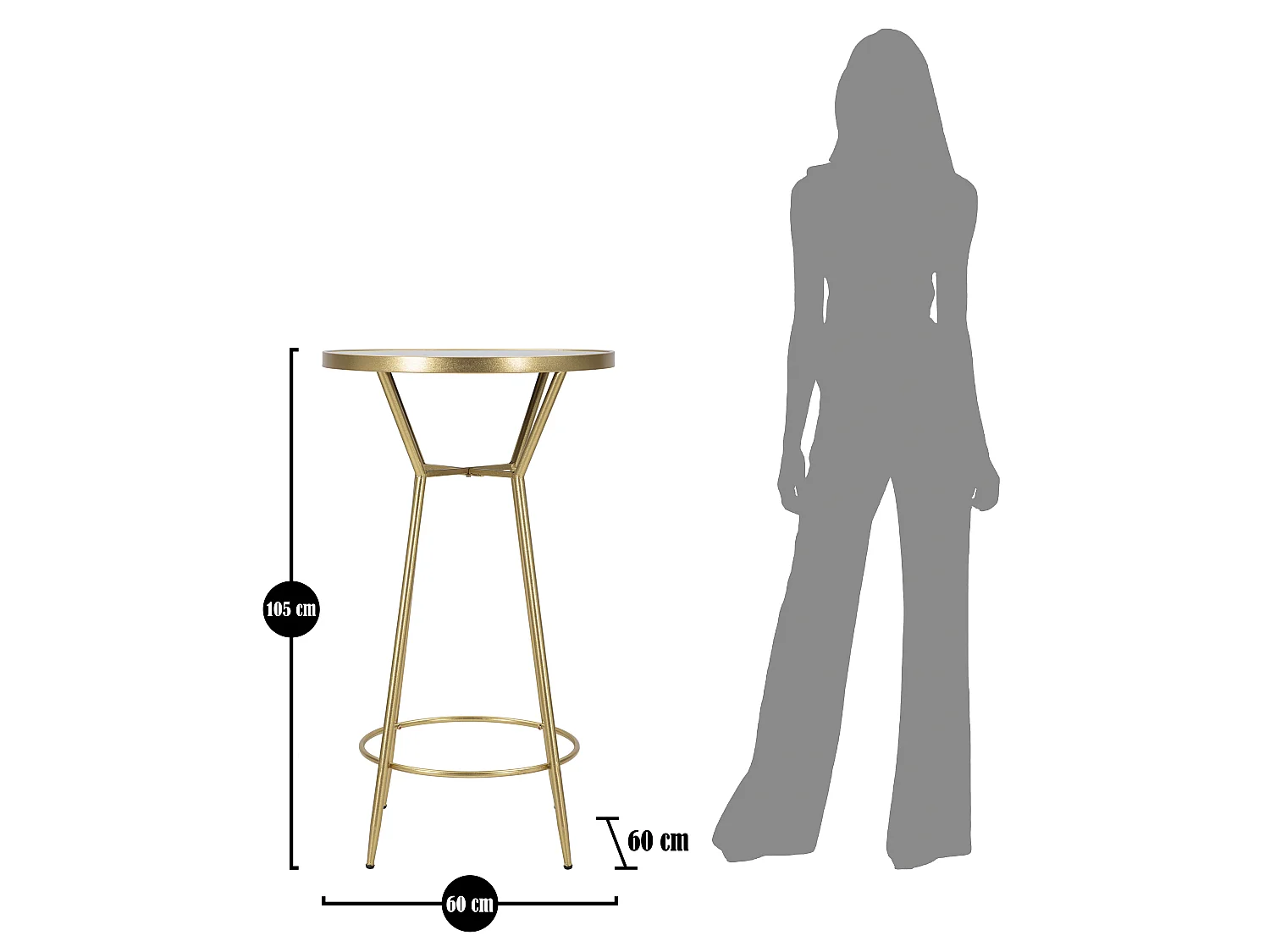 Tavolo bar in metallo dorato con piano in vetro a specchio Ø cm 60x105