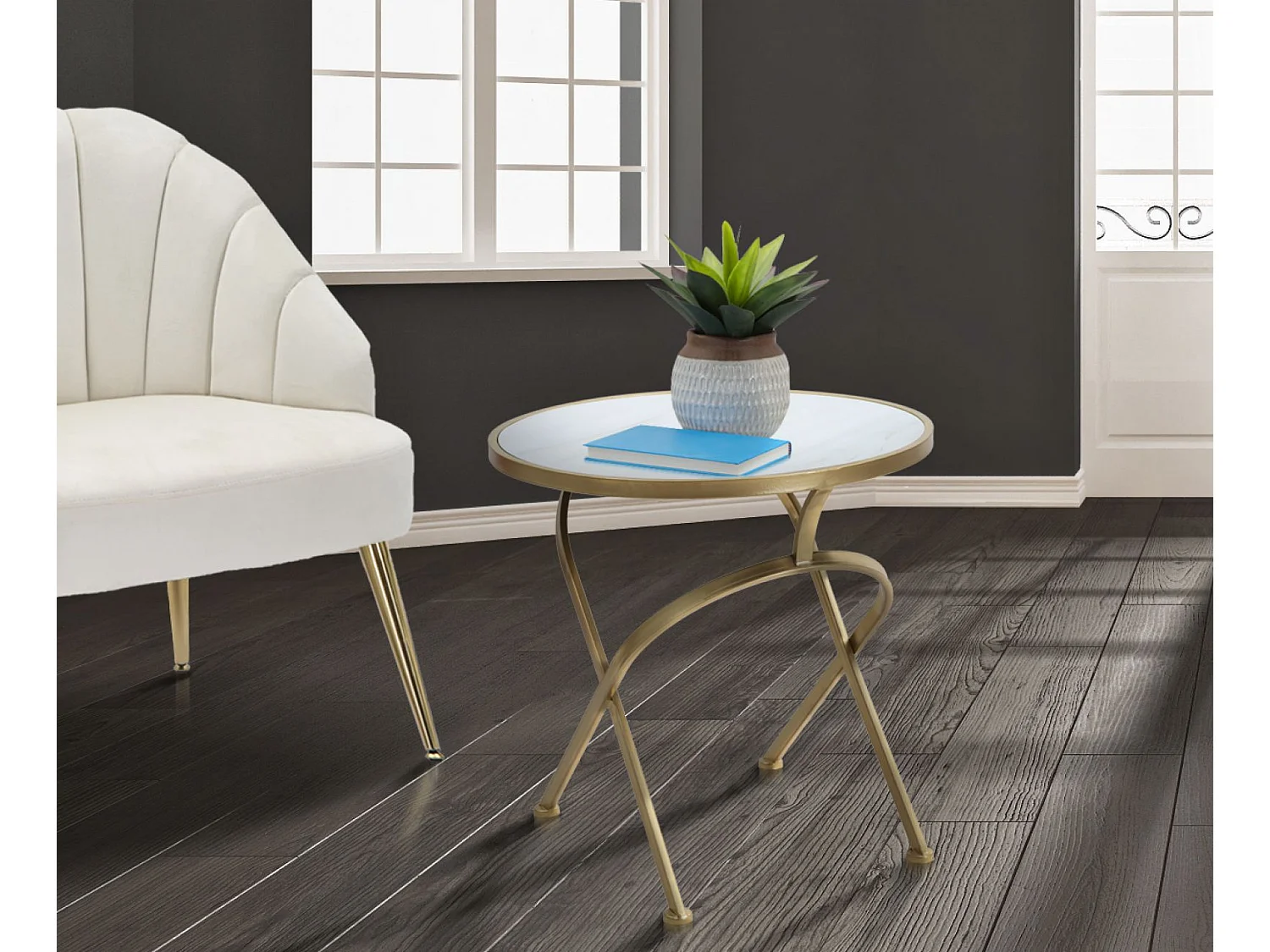 Table d'Appoint Effet Marbre "Glam" 50cm Blanc & Or