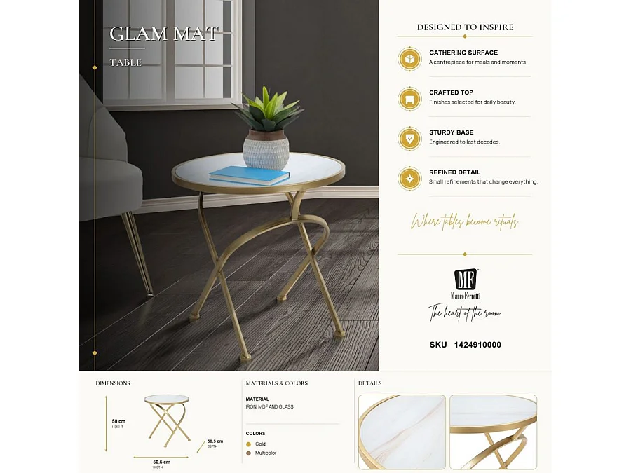 Table d'Appoint Effet Marbre "Glam" 50cm Blanc & Or