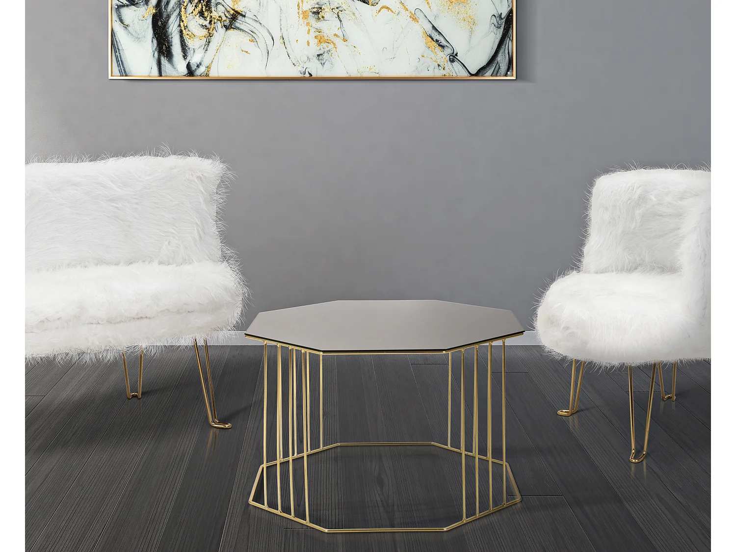 Tavolo da caffè ottagonale in metallo e vetro dorato nero cm 70x70x45